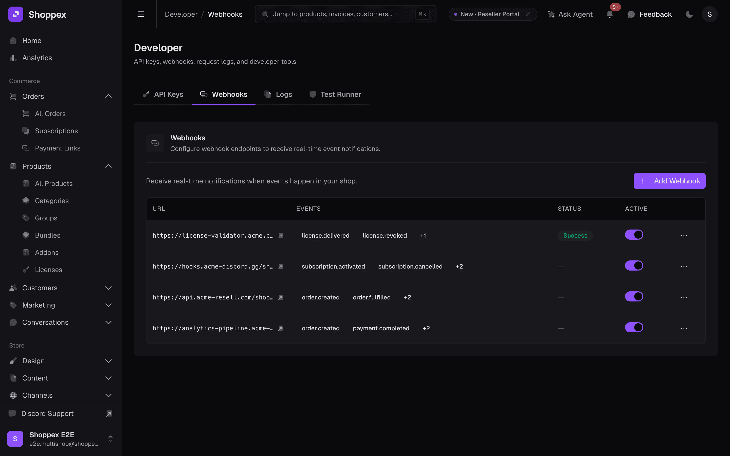 Shoppex webhook deliveries — events, status, retry log