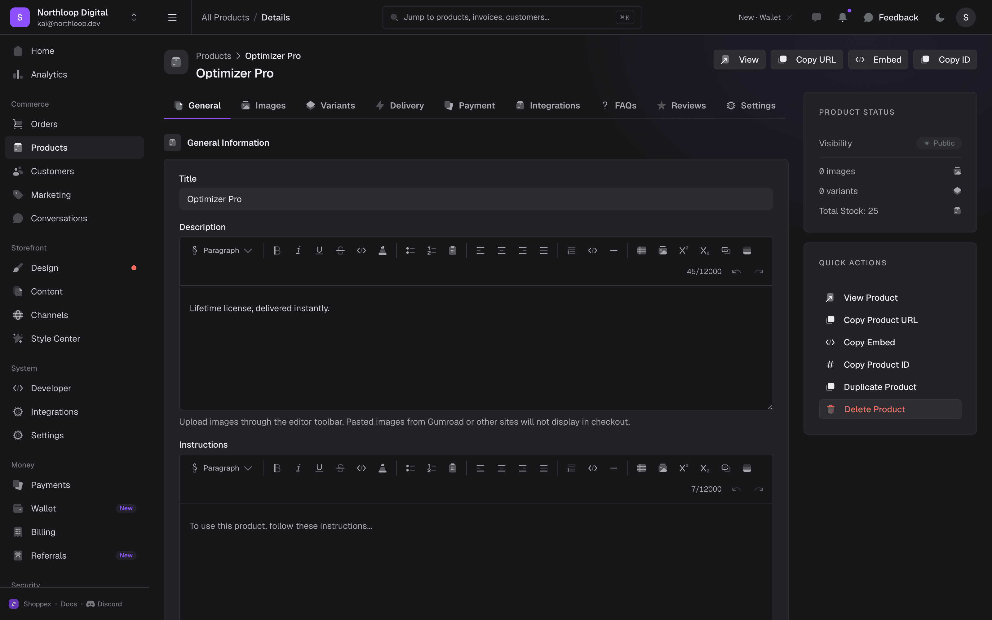 Creating a product in the Shoppex dashboard